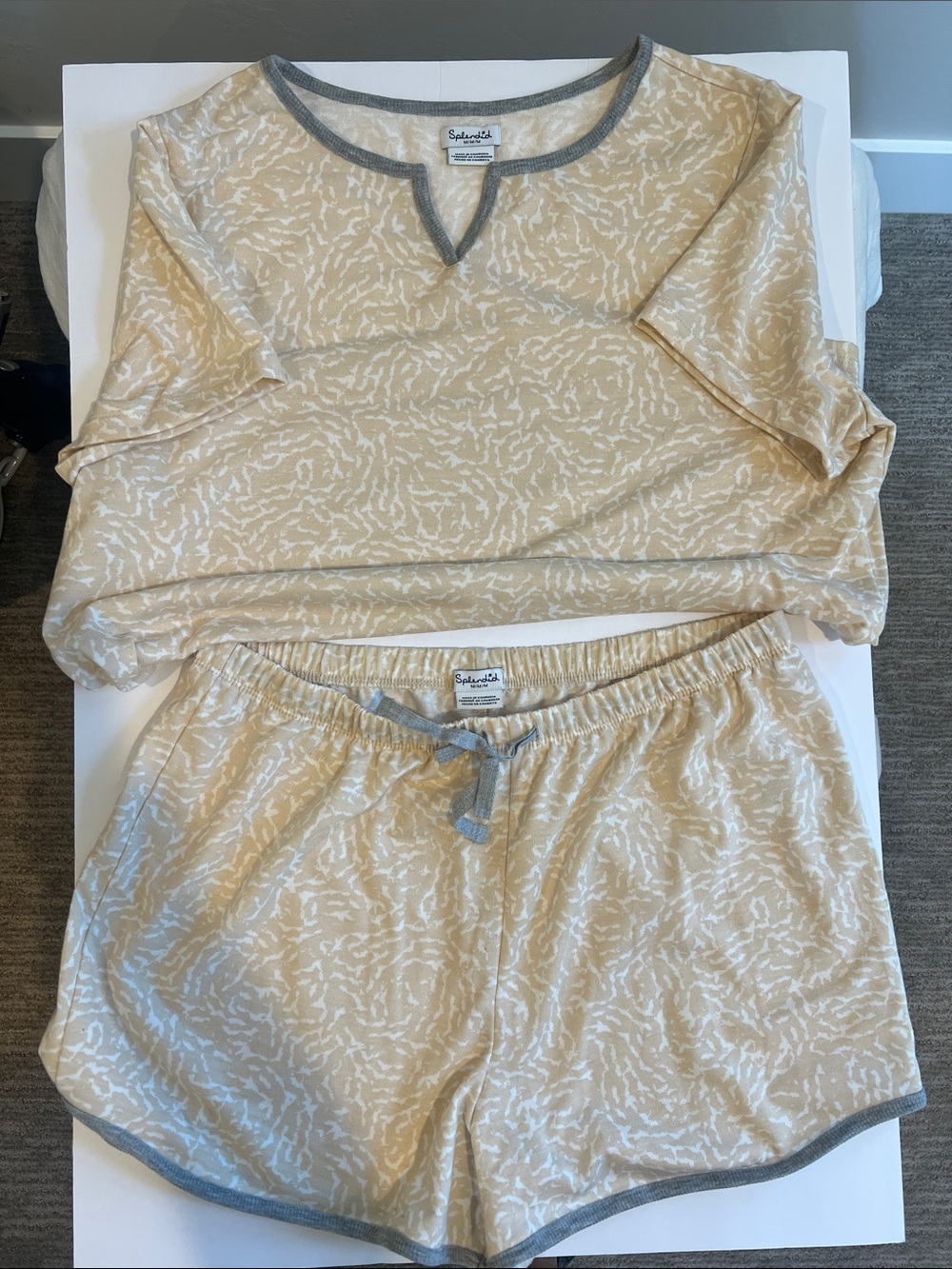 Splendid Beige Printed Short Pajama Set with Gray Trim